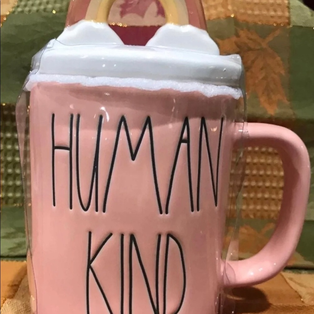 Rae Dunn 🌈 “Human Kind” Mug Pink/Tan with RAINBOW Topper